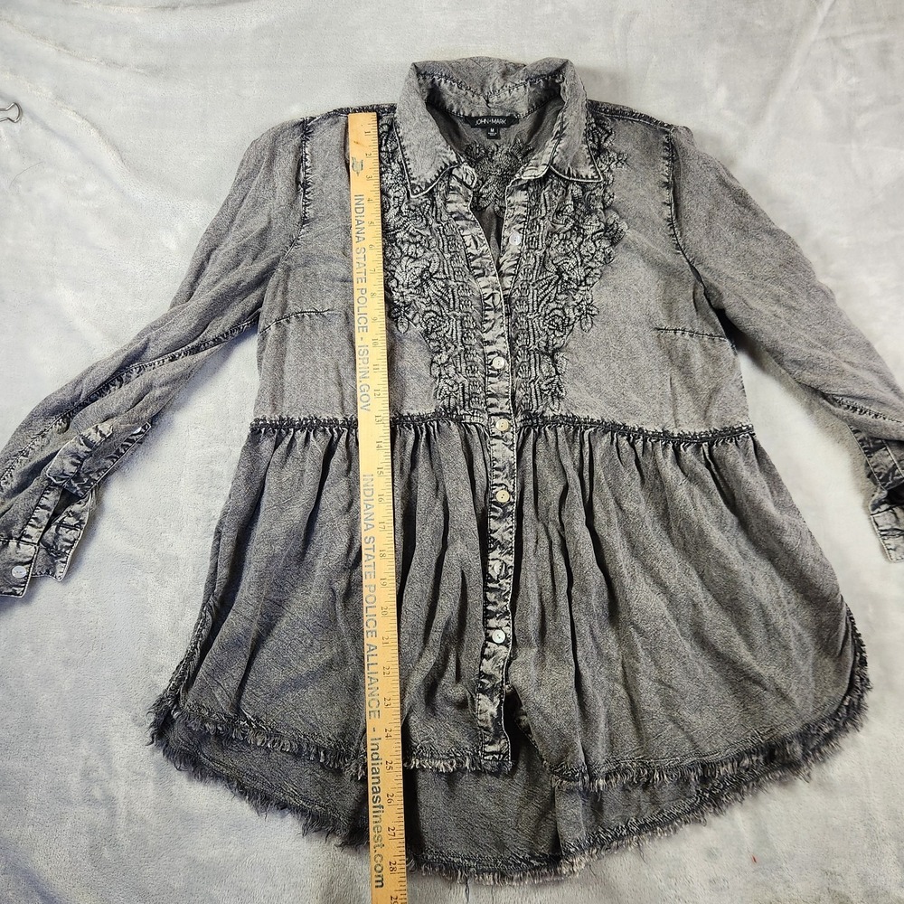 John Mark Embroidered Womens M Gray  Tiered Boho Peasant Blouse Whimsigoth - Picture 2 of 9